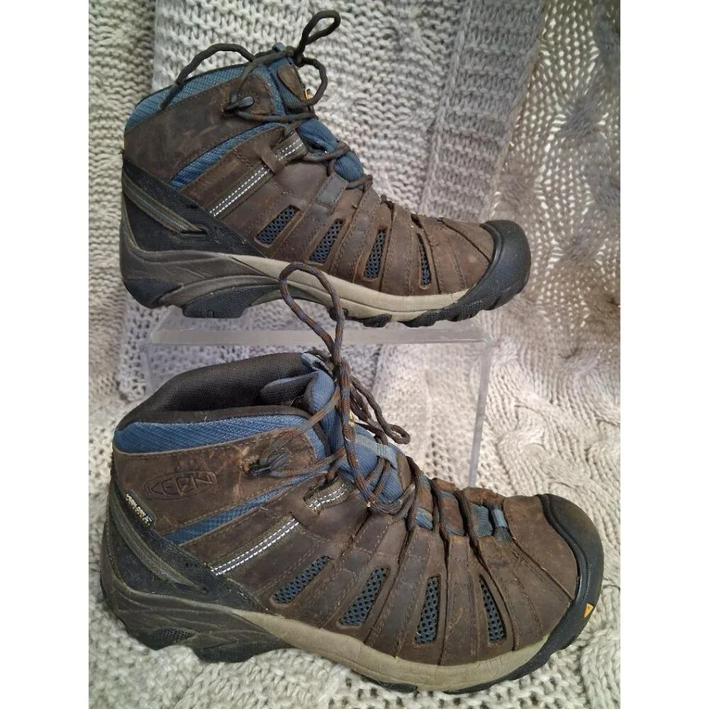 Keen Mens Waterproof Hiking Boots Size 10.5EE Brown & Blue KEEN.DRY Leather & Me
